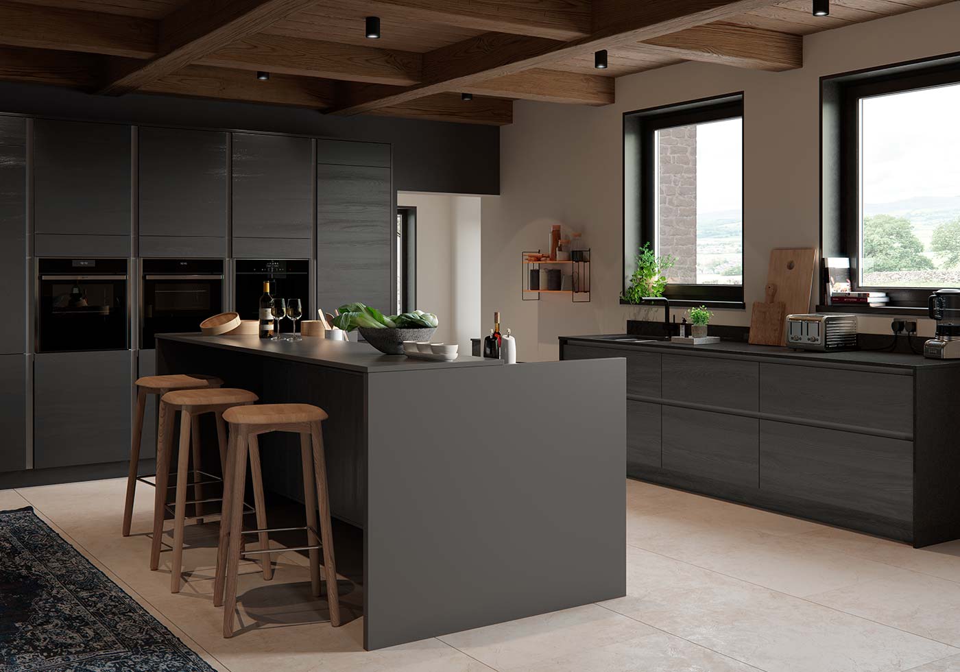 dark grey single wall kitchen