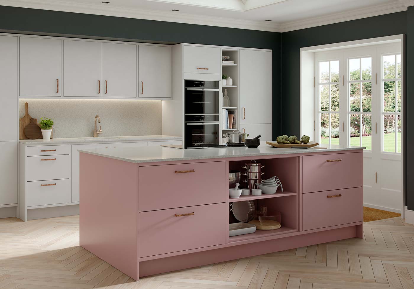 pink wall brown cabinet kitchen