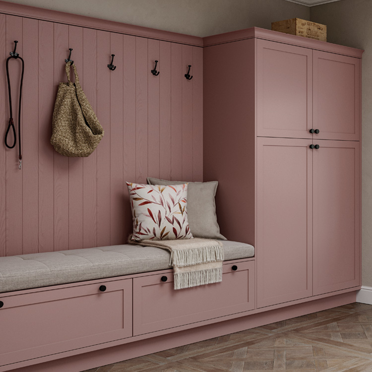 A pink locker room unit with grey upholstery