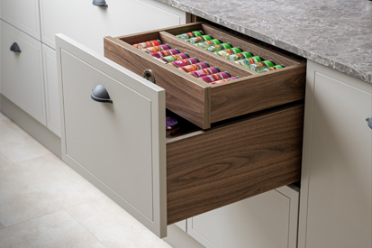 Spice rack drawers built inside a larger drawer