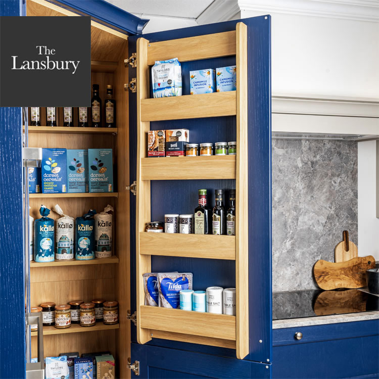 Kitchen corner pantry with spice rack on back of door