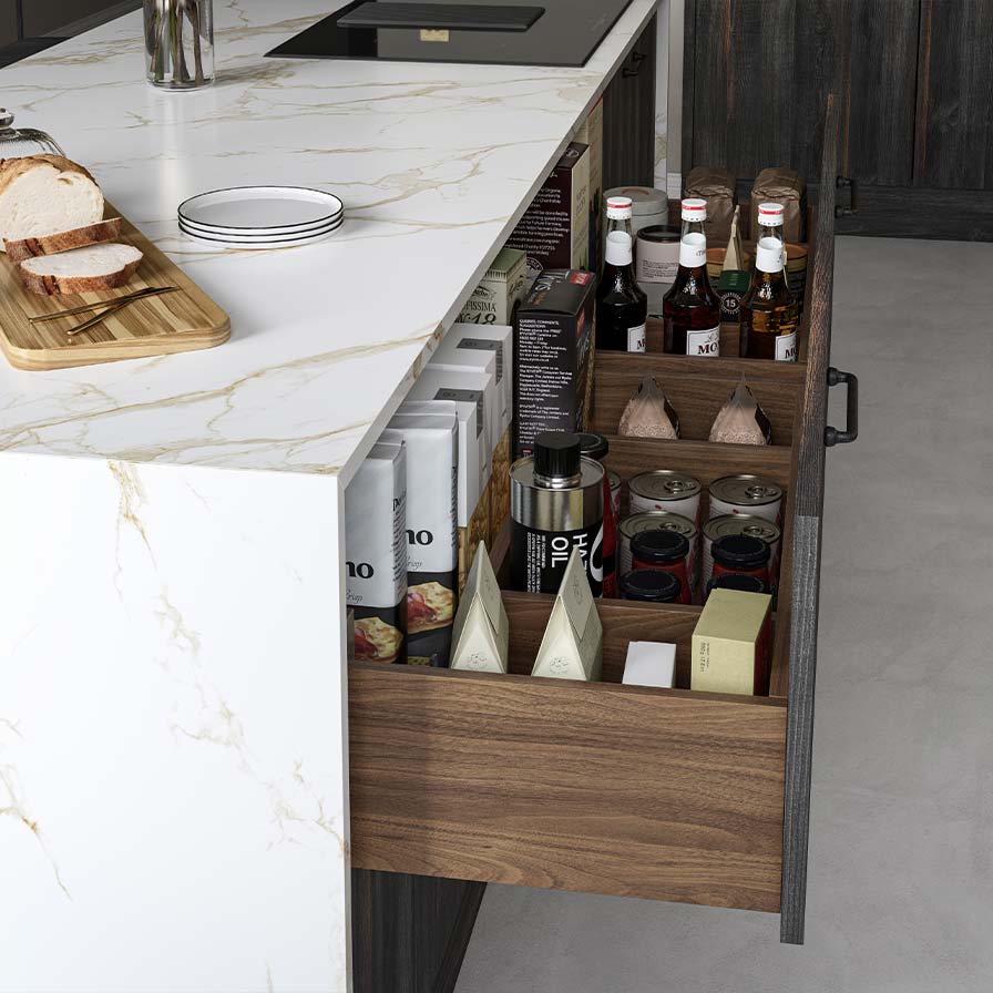 Extra wide kitchen drawers in Tuscan Walnut, in an Eclectic Modern Kitchen