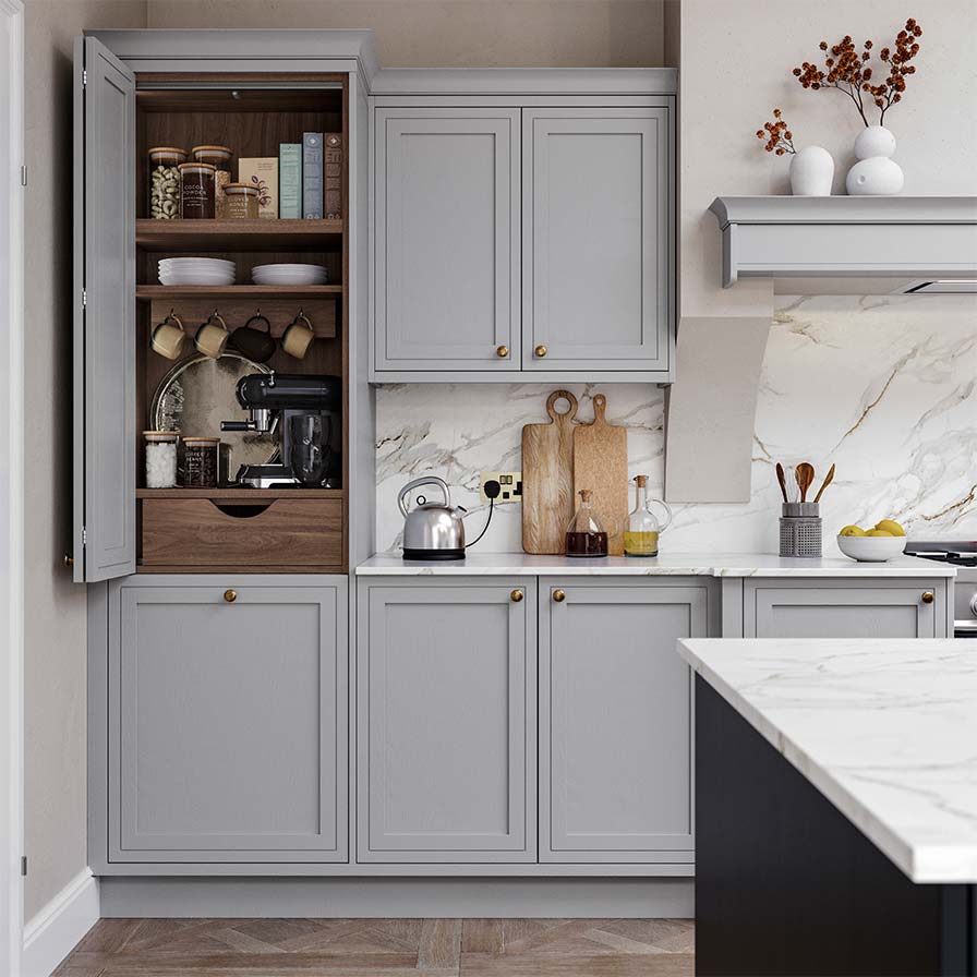 Infram shaker kitchen with walnut internal storage and cabinets