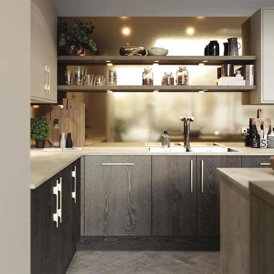 Luxury modern kitchen with wood effect door and a metallic splashback