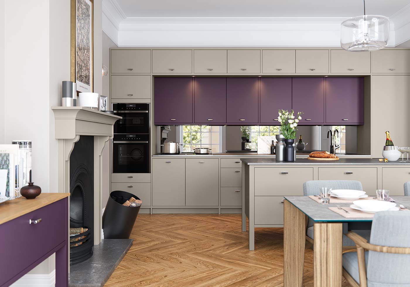 light purple and grey kitchen
