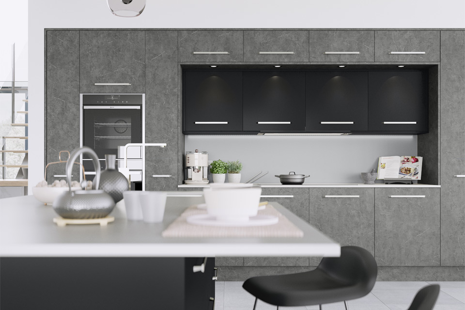 A modern black kitchen with black and white kitchen components