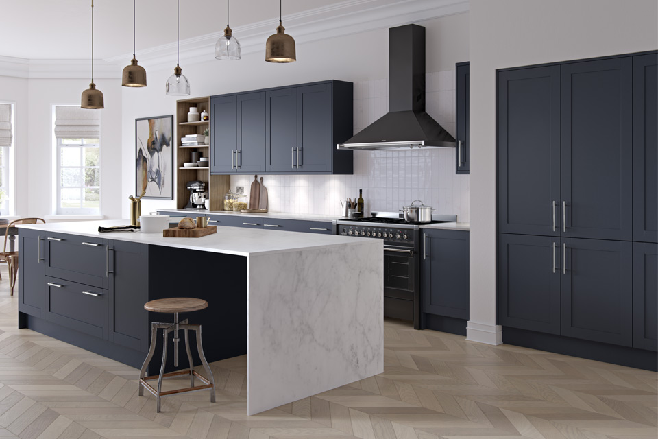 Dark blue kitchen with dark blue kitchen cabinet doors