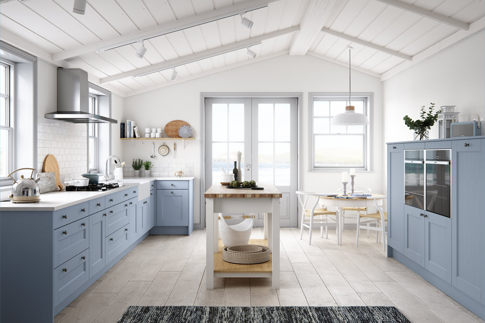 Navy blue kitchen with a navy kitchen island