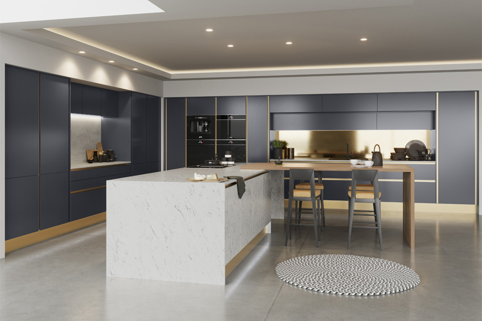 Modern blue kitchens with flush cabinets acting as blue kitchen walls