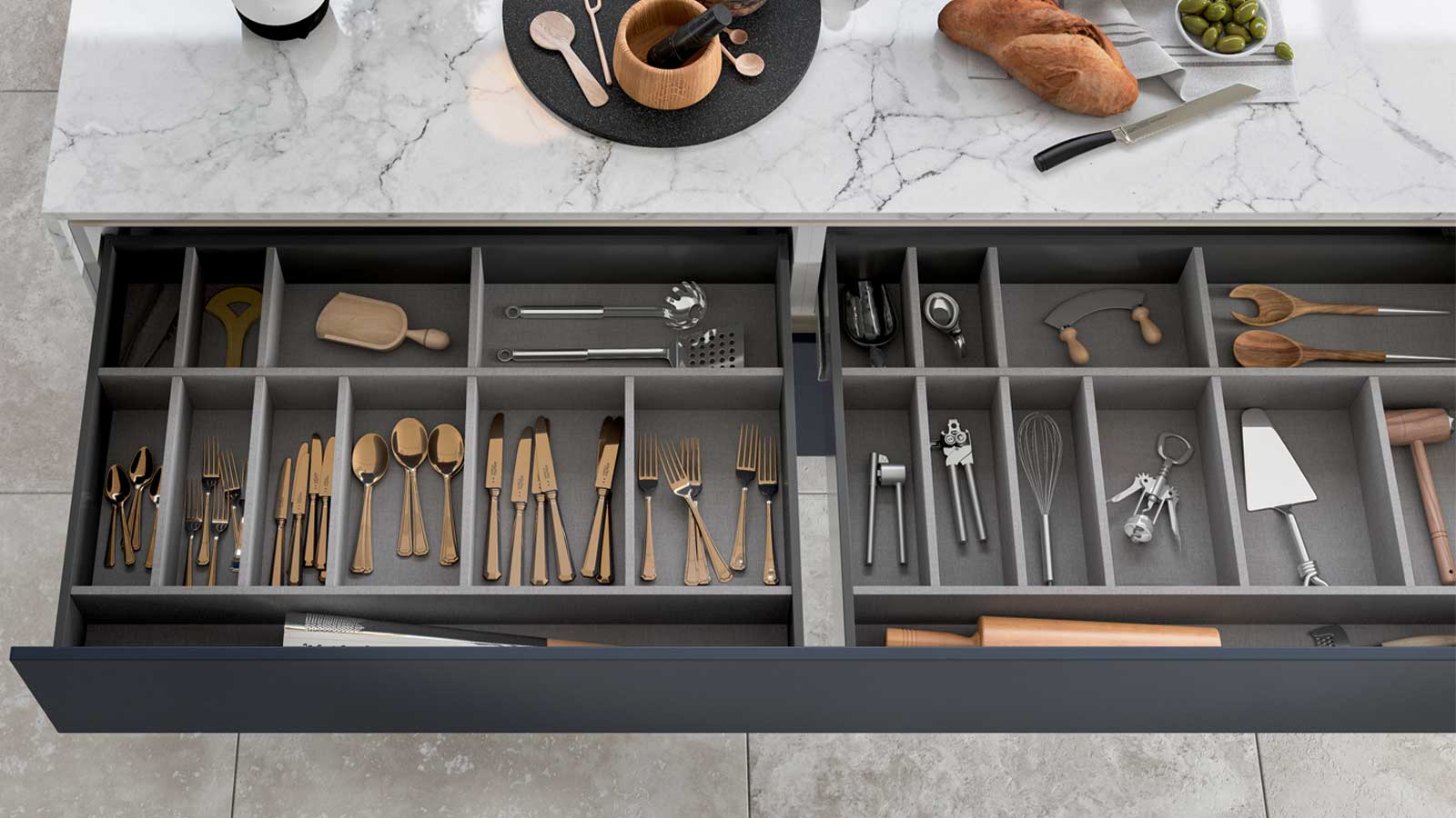 Extra-wide kitchen cabinet drawers that encapsulate the Scandi furniture style