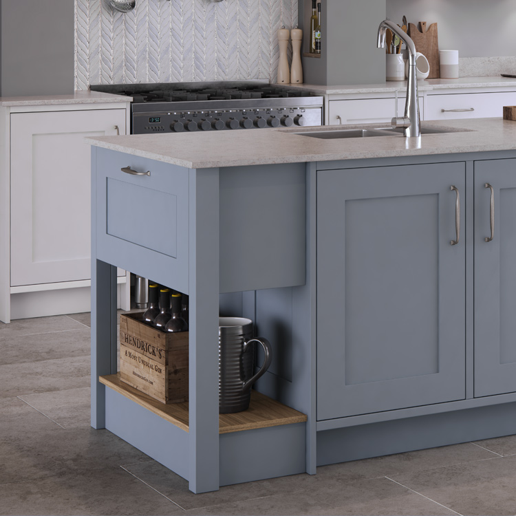 A kitchen chef table with white marble counter