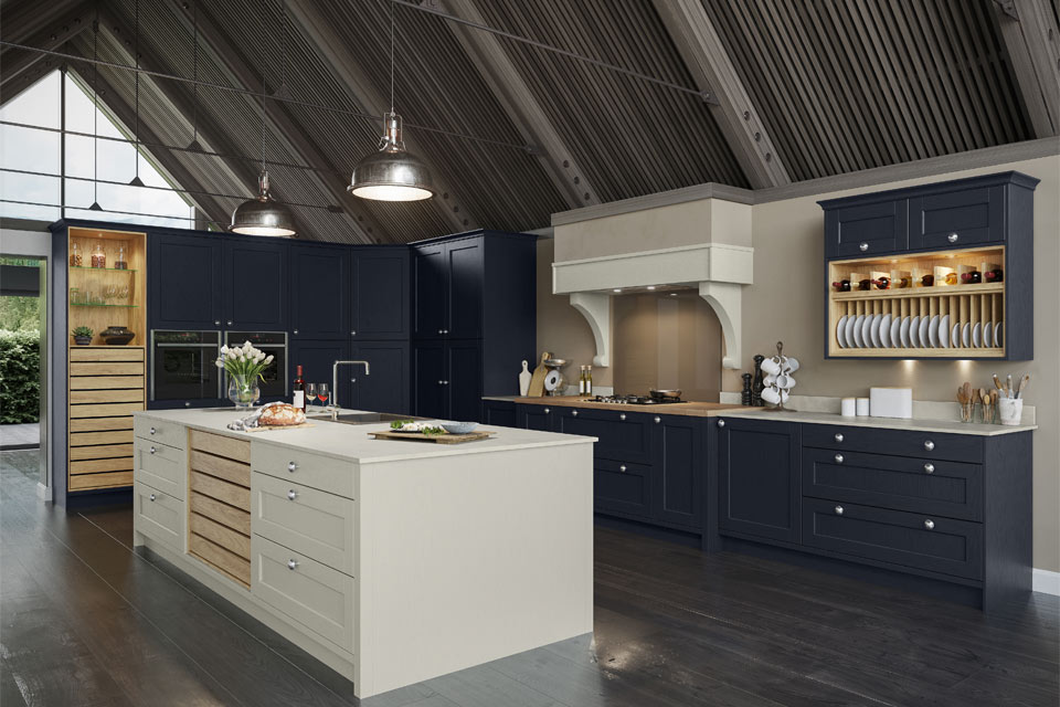 A dark blue and grey classic kitchen