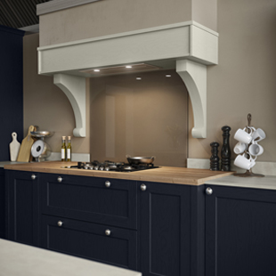 Dark blue classic kitchen with ornate cooker hood with corbels