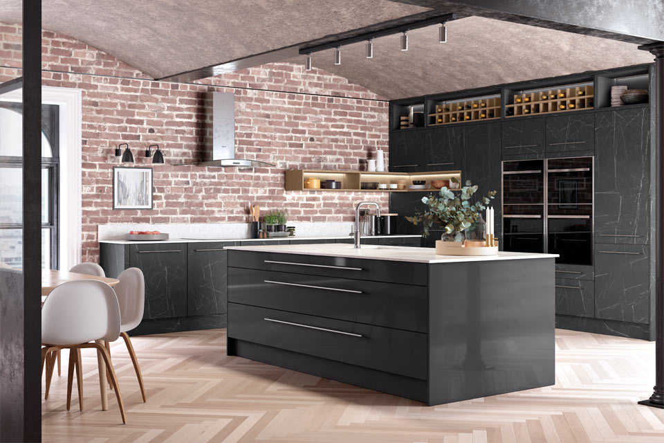 A dark grey kitchen with black on black kitchen cupboard doors