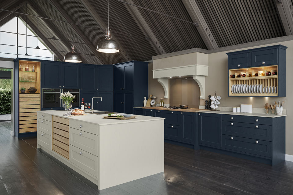 A dark blue Shaker kitchen with blue kitchen dark cabinets