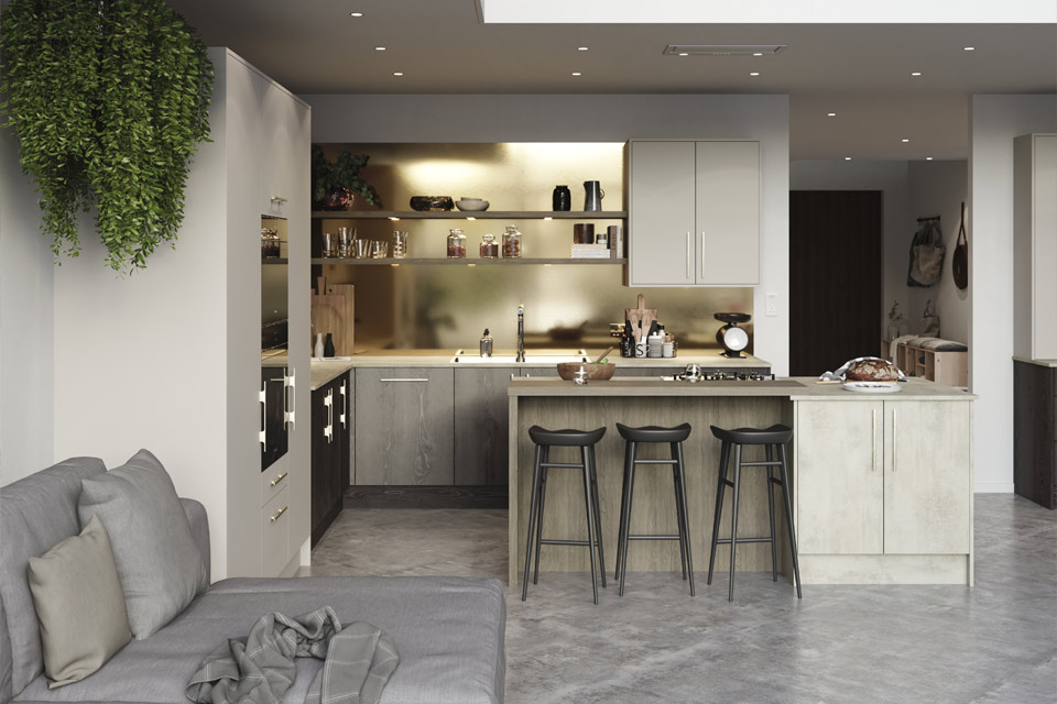 A black wooden kitchen with modern cream cabinets and a gold splashback