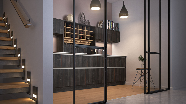 A grey and dark wood kitchen with modern wood kitchen doors