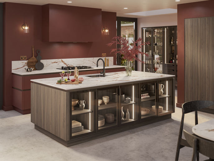 A red and wood kitchen with dark wood kitchen doors