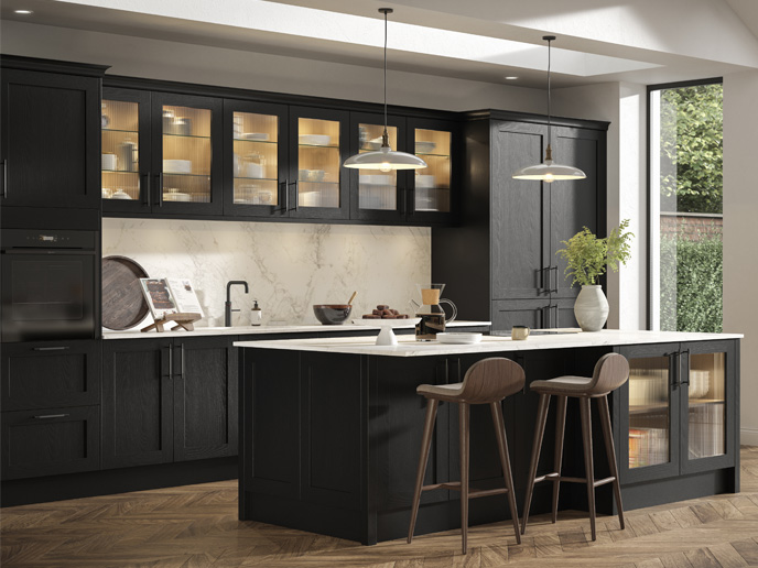 A white and dark wood kitchen with dark wood kitchen decor