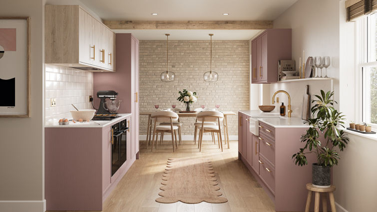 A light wood kitchen with blush pink skinny Shaker doors