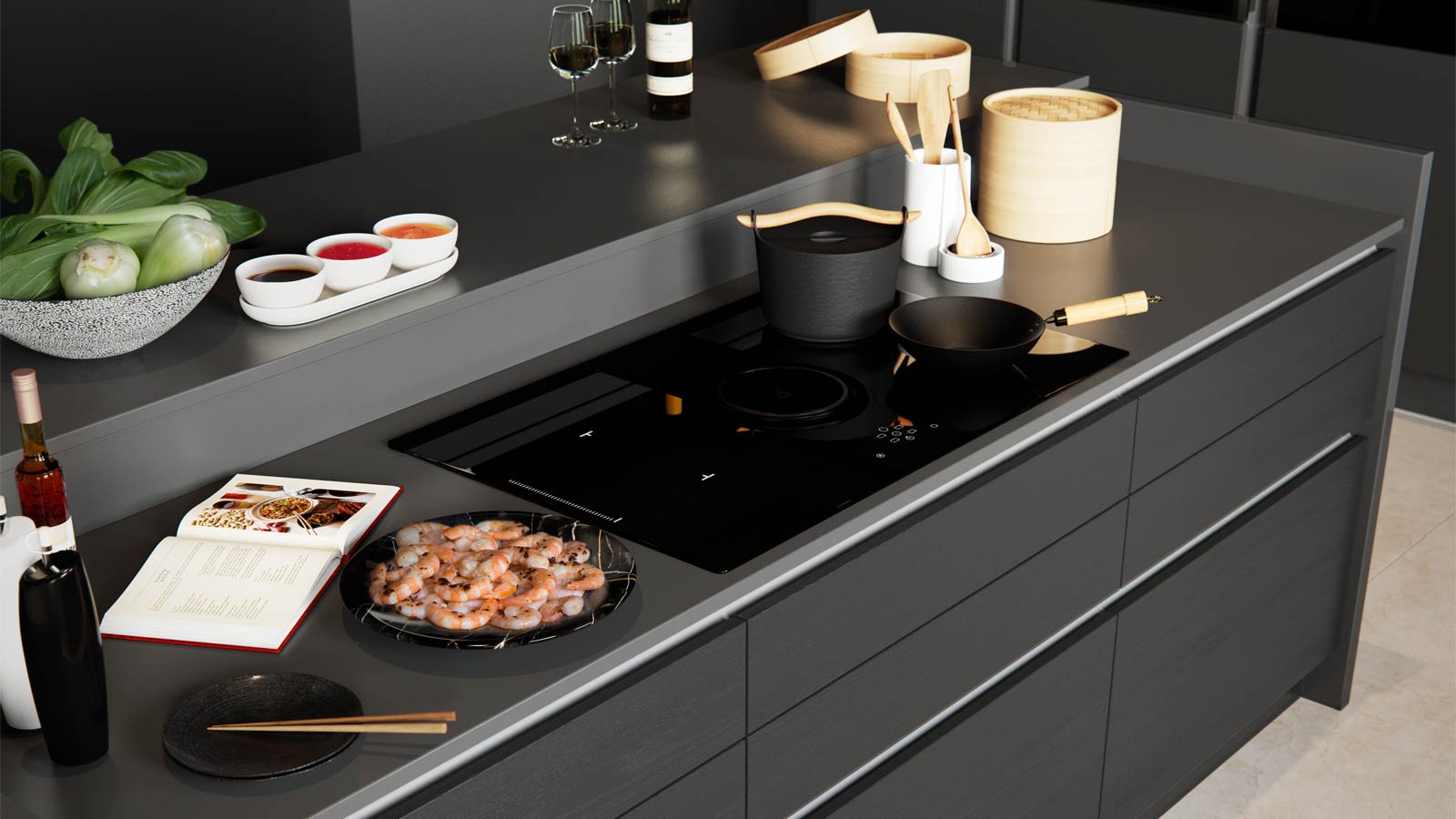 A handleless kitchen design with a true handleless kitchen and Japandi interior
