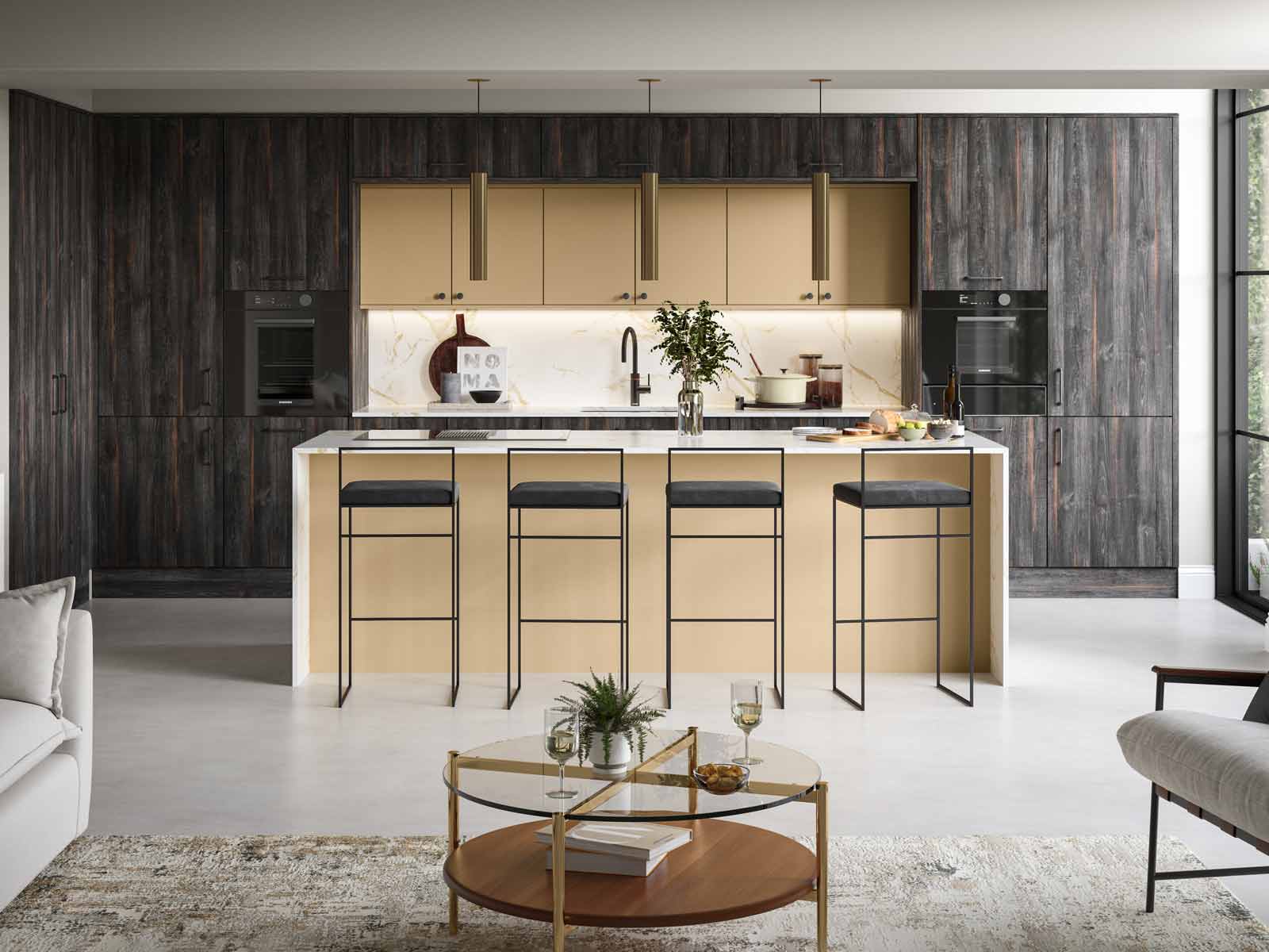 A typical ultra-modern kitchen 2024 has to offer, with warm colours and wood
