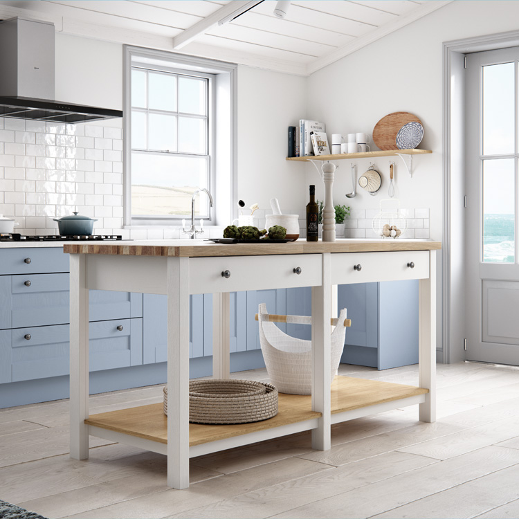 A wood kitchen island with oak kitchen island worktops and shelves