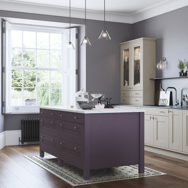 A tool chest kitchen island in purple