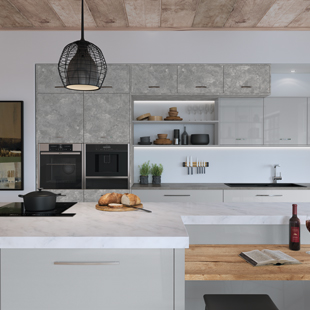 A grey gloss kitchen with matt textures cupboard doors