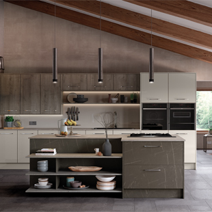 A brown and grey gloss kitchen