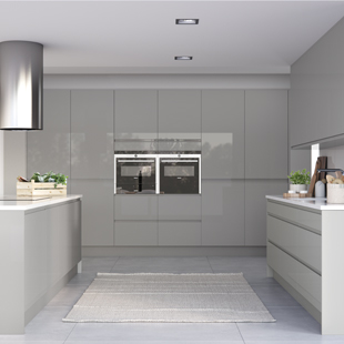 A light grey gloss kitchen with clean lines