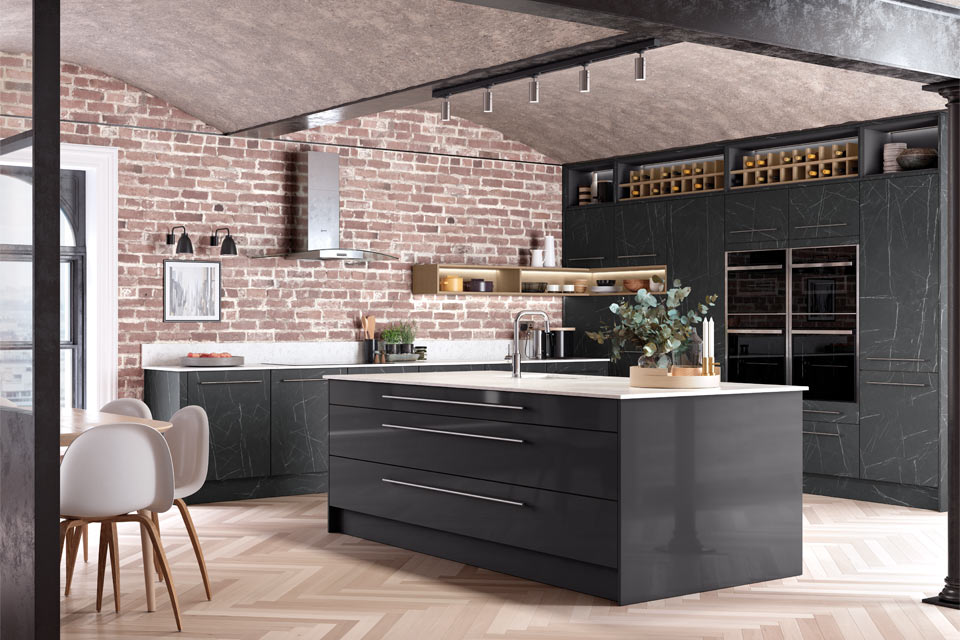 Black gloss kitchen cabinets featured in an open-plan kitchen