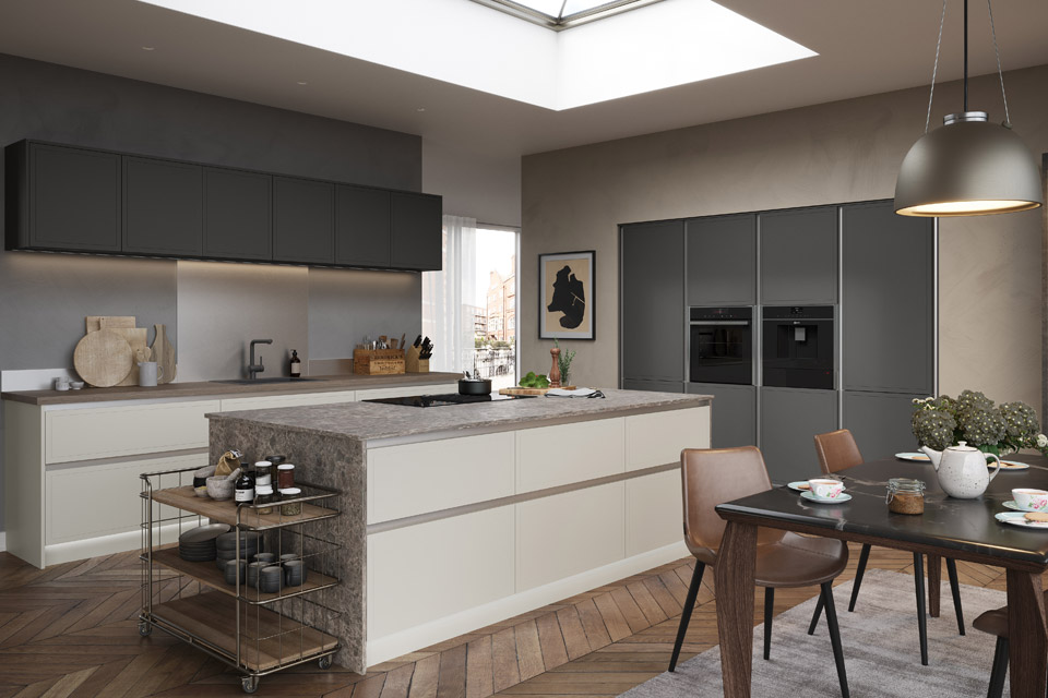 A grey handleless kitchen with two shades of grey kitchen cupboards
