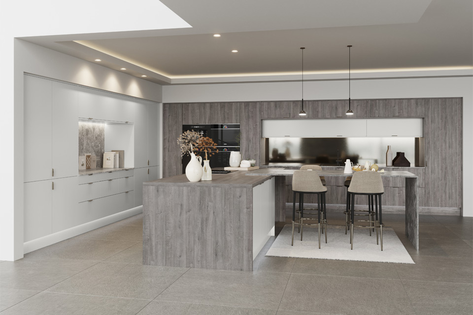 A grey kitchen modern design with white cabinets and wood worktops