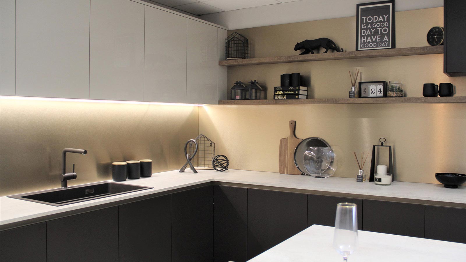 Modern, luxury sage green kitchen with cabinet with sink