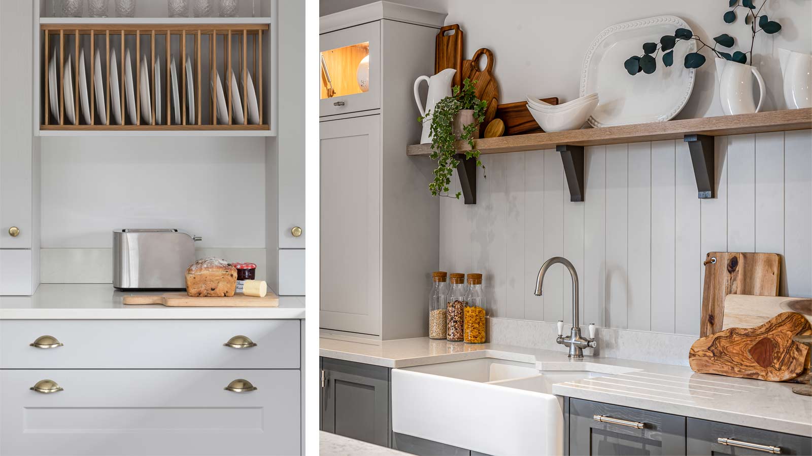 A wood plate rack and a butler’s sink in a classic kitchen