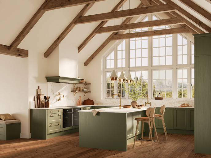 A contemporary rustic kitchen with a natural earthy kitchen colour scheme