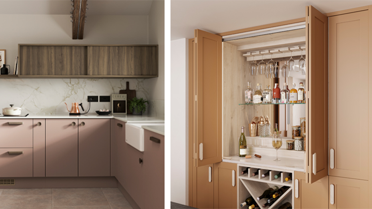A pair of earthy modern kitchens with pink and orange cabinet doors