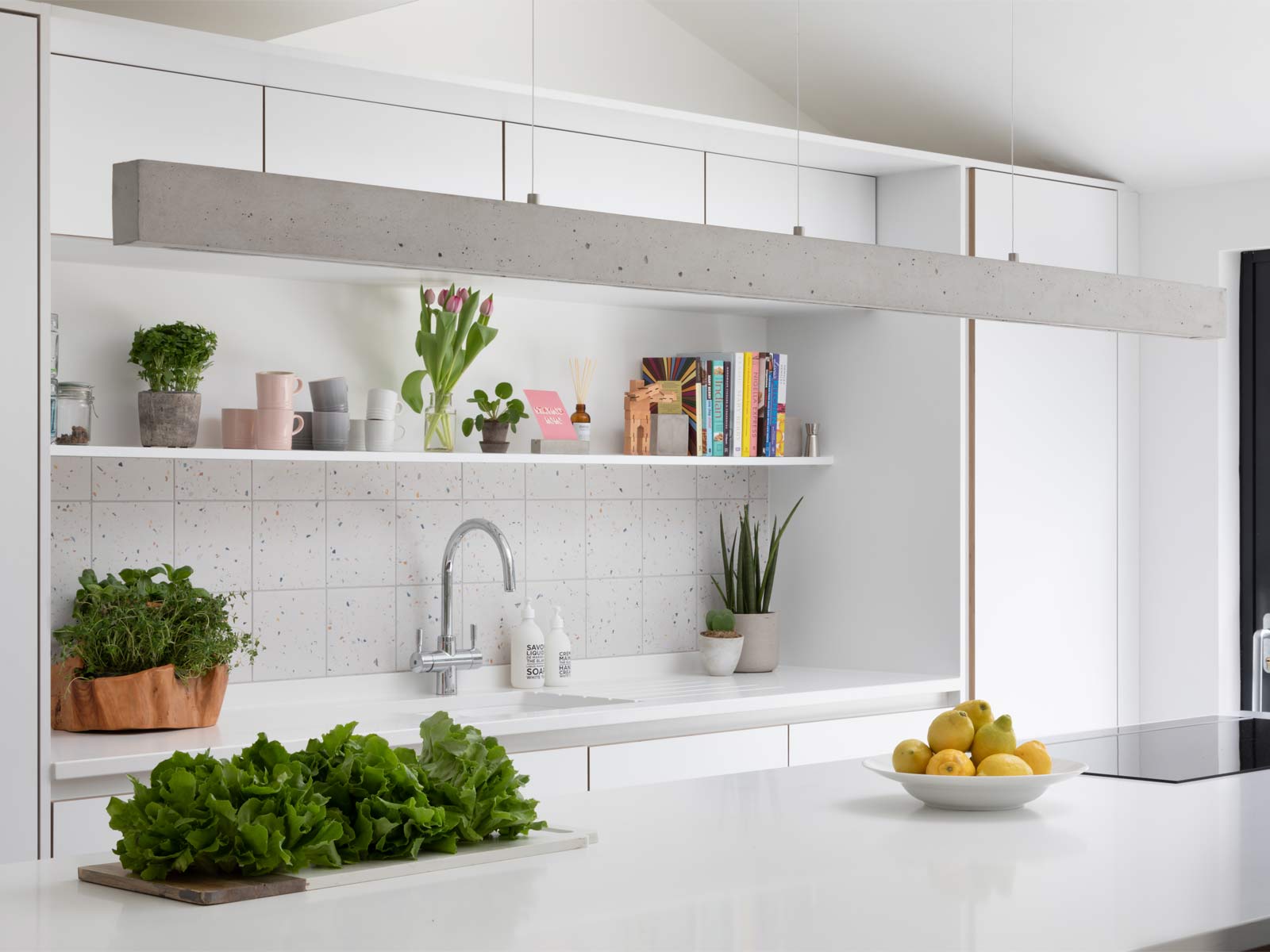 Open shelving in an open plan kitchen living room