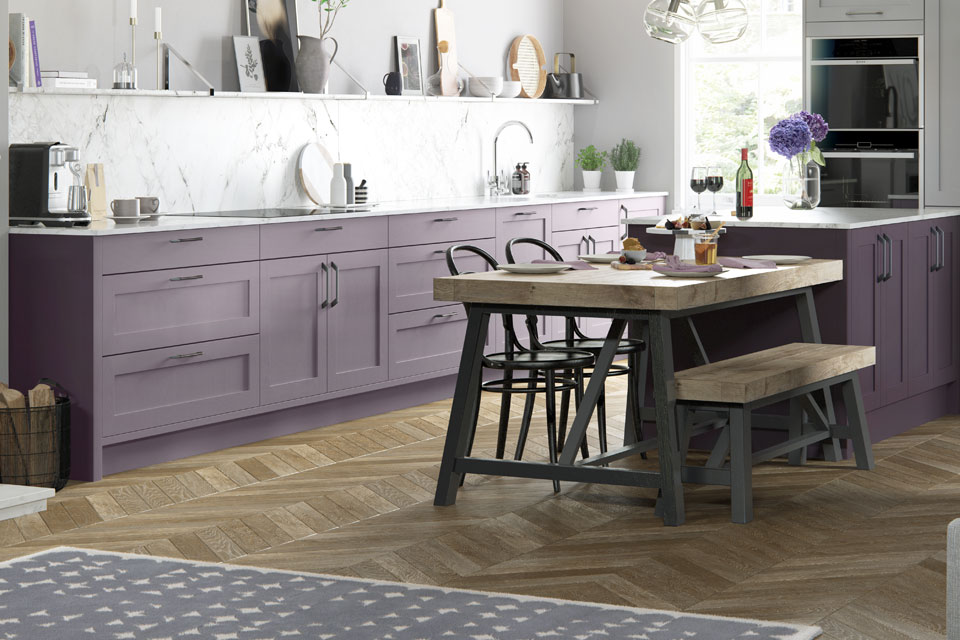 A light purple kitchen in Shaker style with lavender purple kitchen cabinets