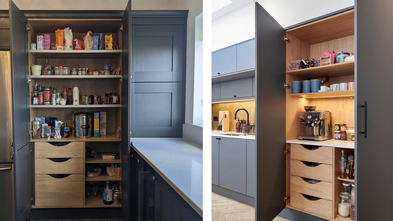 A modern mid-century dining pantry with a Scandi shelf unit