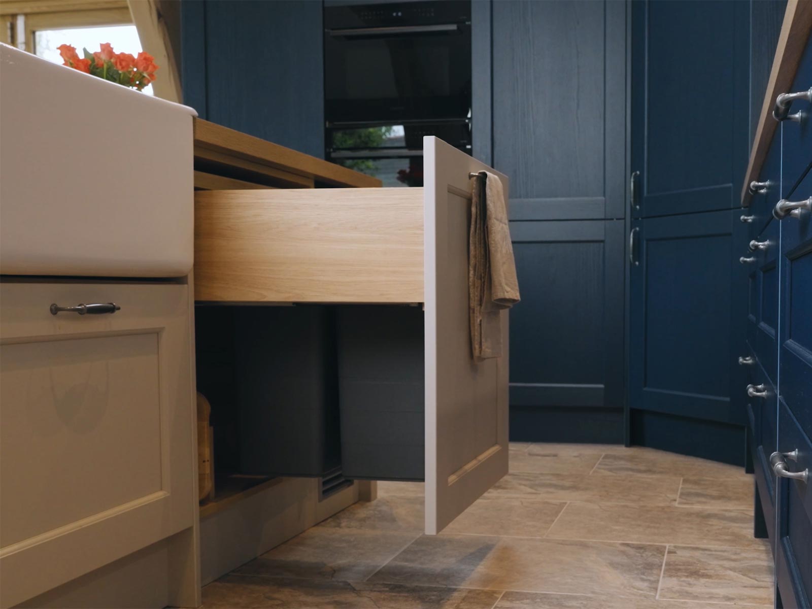 An integrated kitchen bin perfect for small Victorian kitchen ideas