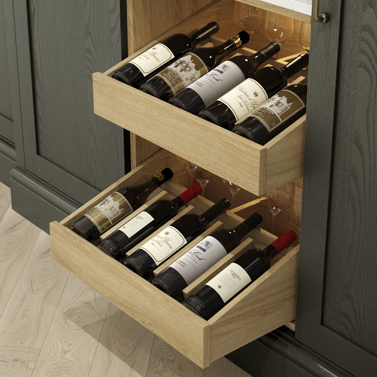 A wine stand rack full of wine bottles and glassware