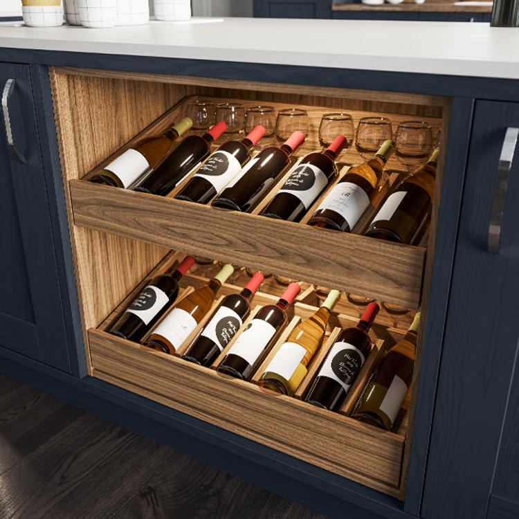 A wine rack cabinet insert in a luxury kitchen island