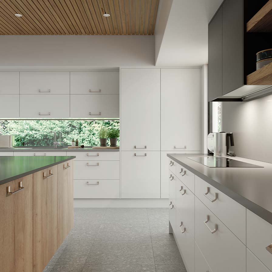 Minimalist modern kitchen in light grey and oak