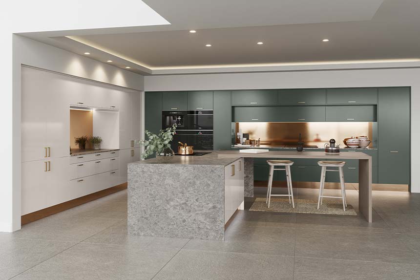 Modern sage green kitchen cabinets with copper splashbacks
