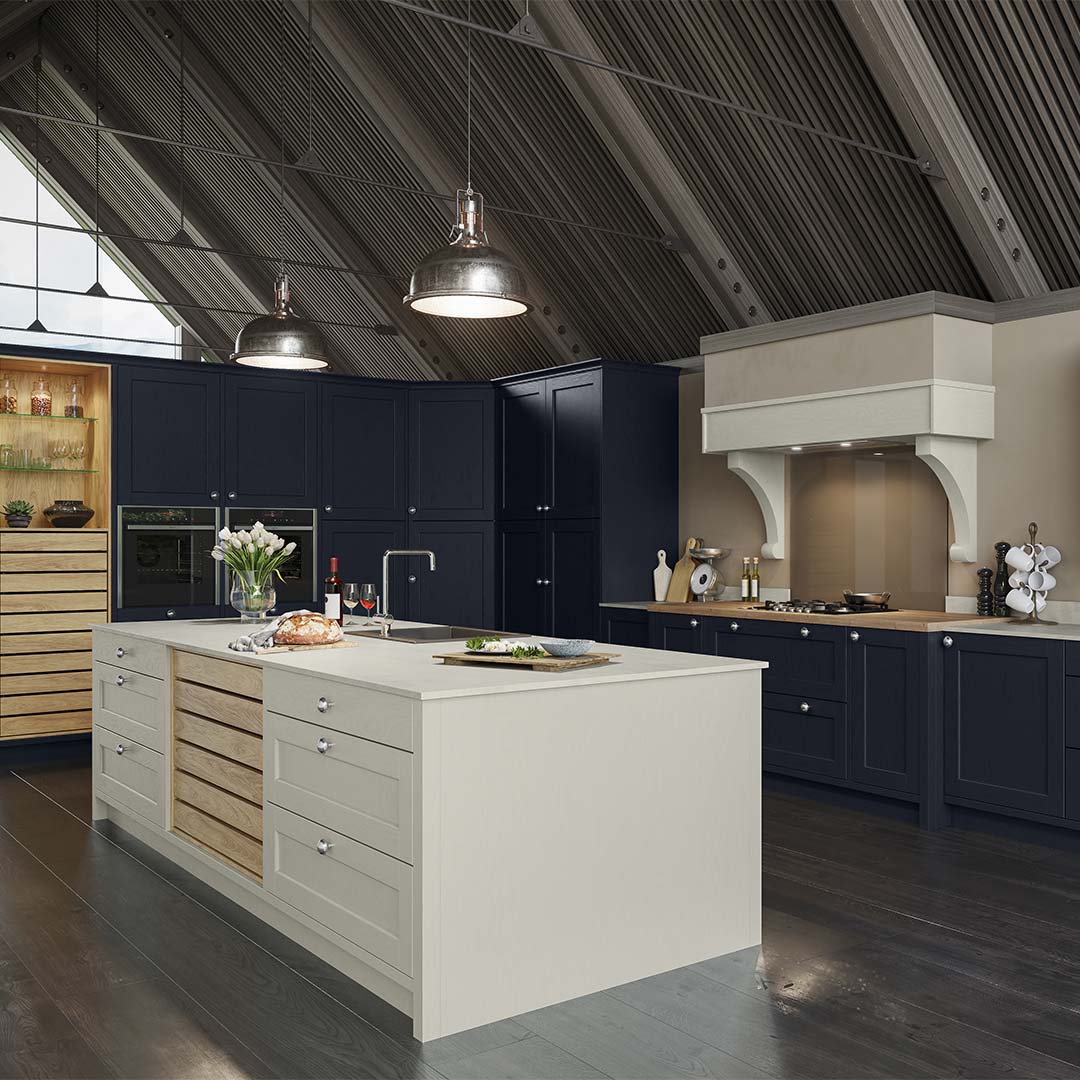 Modern traditional kitchen in dark blue with oak cabinets