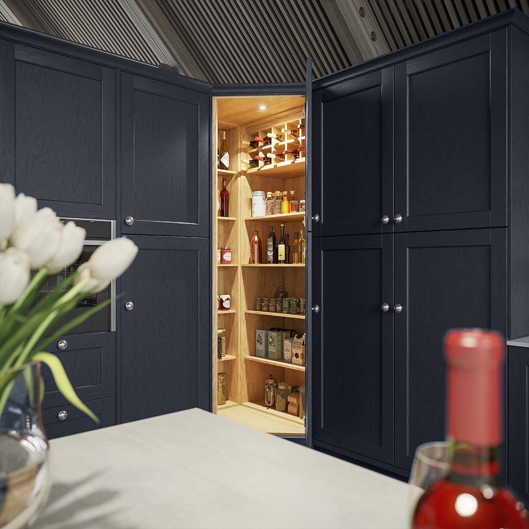 A corner pantry in a modern traditional kitchen