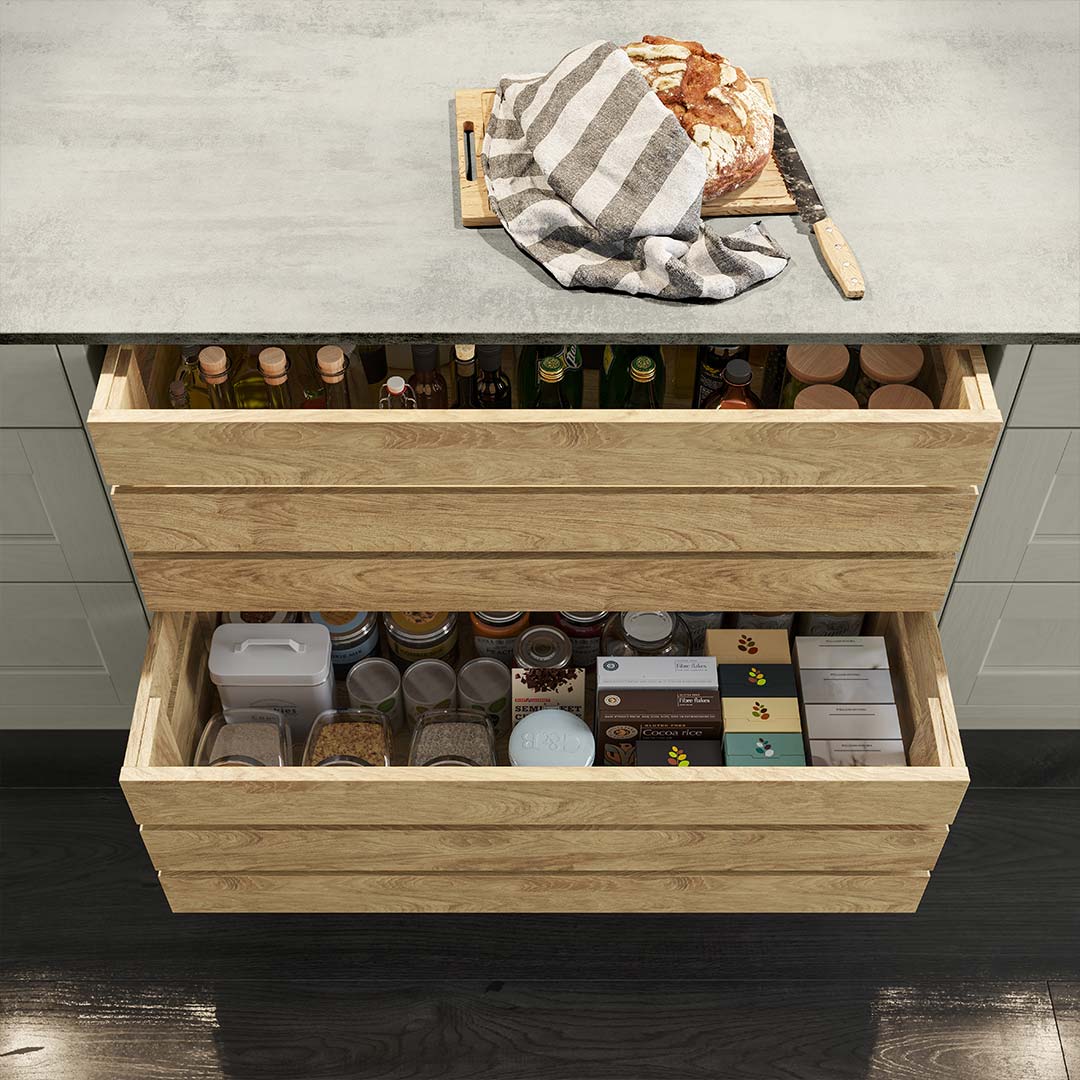 Oak crate drawers in a modern traditional kitchen