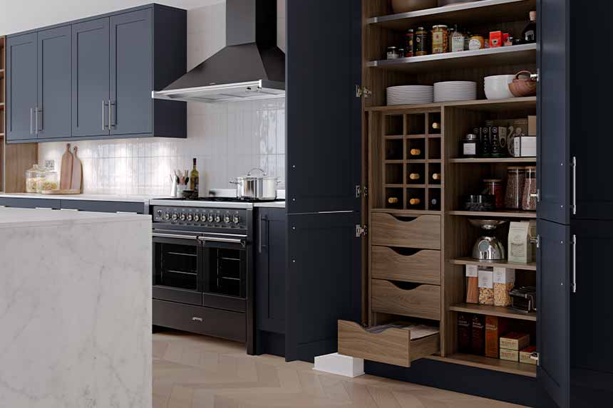 Dark blue Shaker kitchen with lots of pantry storage options